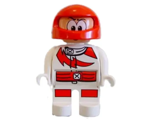 Duplo Figure, Male Action Wheeler, White Legs, White Top with Racer Red Lightning Bolt and Lines, Red Helmet with Large Eyes Image