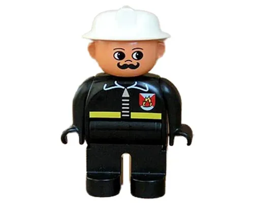 Duplo Figure, Male Fireman, Black Legs, Black Top with Fire Logo and Zipper, White Fire Helmet, Moustache Image