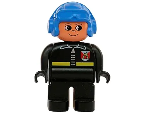 Duplo Figure, Male Fireman, Black Legs, Black Top with Fire Logo and Zipper, Blue Aviator Helmet Image