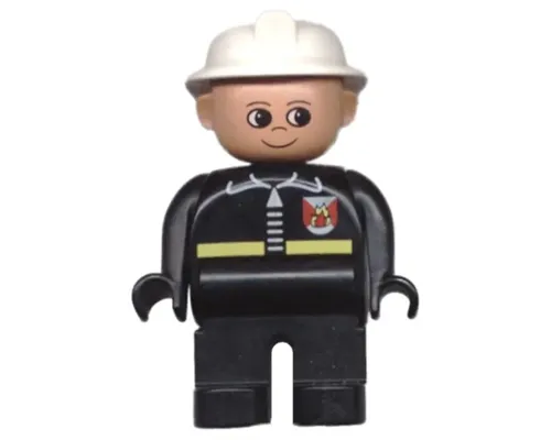 Duplo Figure, Male Fireman, Black Legs, Black Top with Fire Logo and Zipper, White Fire Helmet Image