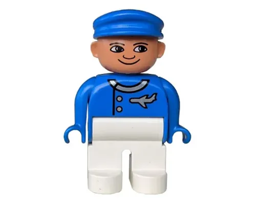 Duplo Figure, Male, White Legs, Blue Top (Airplane Jetliner Pilot) Image