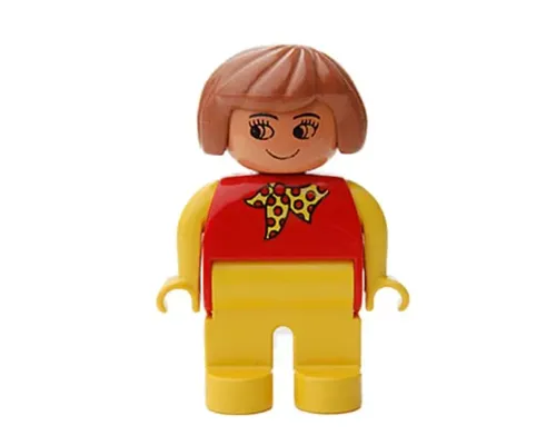 Duplo Figure, Female, Yellow Legs, Red Top with Yellow and Red Polka Dot Scarf, Yellow Arms, Fabuland Brown Hair, without Nose Image