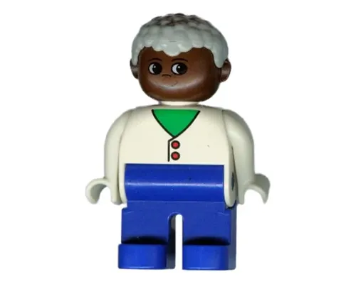 Duplo Figure, Male, Blue Legs, White Two Button Cardigan, Gray Hair, Brown Head Image