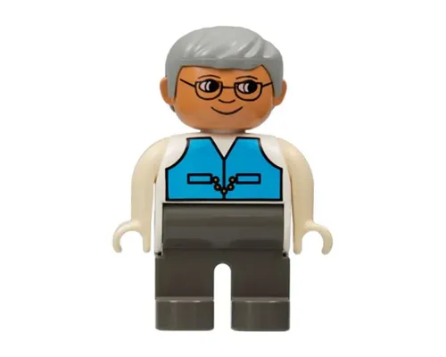 Duplo Figure, Male, Dark Gray Legs, Medium Blue Vest, Gray Hair, Glasses Image