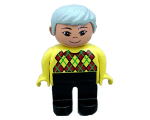 Duplo Figure, Male, Black Legs, Yellow Argyle Sweater, Light Gray Hair, Grin Image