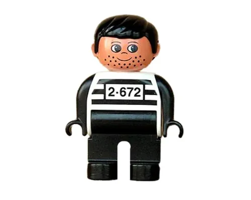 Duplo Figure, Male, Black Legs, White Top with 2-672 Number on Chest, Black Hair, Black Hands, Stubble (Jailbreak Joe) Image