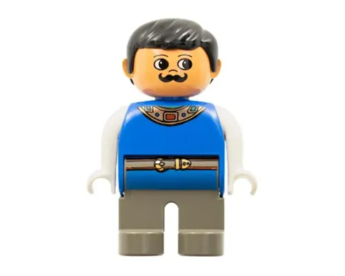 Duplo Figure, Male, Dark Gray Legs, Blue Top with Gold Necklace and Belt, Moustache (King) Image