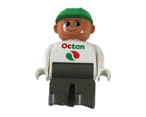 Duplo Figure, Male, Dark Gray Legs, White Top with Octan Logo, Green Helmet (4143720) Image