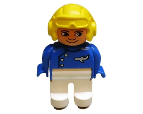 Duplo Figure, Male, White Legs, Blue Top with Plane Logo, Yellow Aviator Helmet, (Pilot) Image