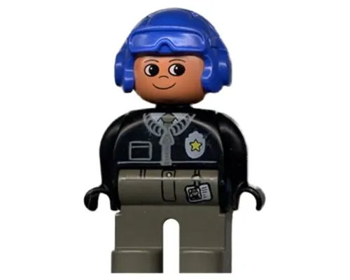 Duplo Figure, Male Police, Dark Gray Legs, Black Top with Zipper, Tie and Badge, Blue Aviator Helmet Image