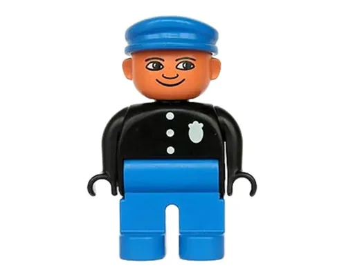 Duplo Figure, Male Police, Blue Legs, Black Top with 3 Buttons and Badge, Blue Hat and Nose Bow Line Up Image