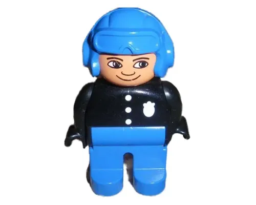 Duplo Figure, Male Police, Blue Legs, Black Top with 3 Buttons and Badge, Blue Aviator Helmet and Nose Bow Line Up Image