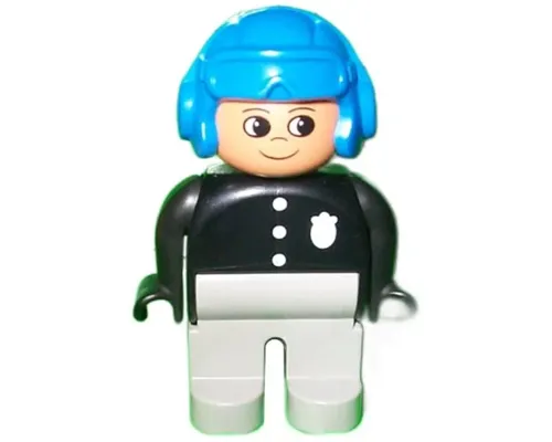 Duplo Figure, Male Police, Light Gray Legs, Black Top with 3 Buttons and Badge, Blue Aviator Helmet Image