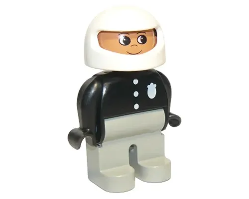 Duplo Figure, Male Police, Light Gray Legs, Black Top with 3 Buttons and Badge, White Racing Helmet Image