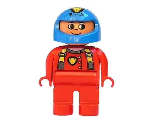 Duplo Figure, Male, Red Legs, Red Top with Cat Eye Racer Logo, Blue Helmet Image