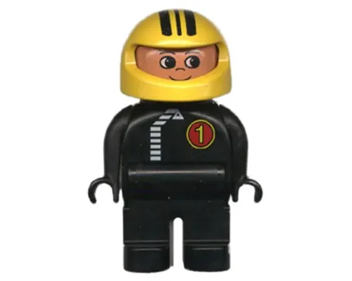 Duplo Figure, Male, Black Legs, Black Top with White Zipper and Racer #1, Yellow Helmet with Black Stripes Image