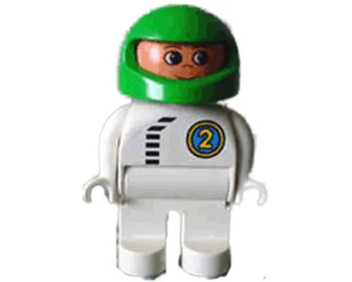 Duplo Figure, Male, White Legs, White Top with Black Zipper and Racer #2, Green Helmet Image