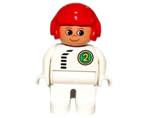 Duplo Figure, Male, White Legs, White Top with Black Zipper and Racer #2, Red Aviator Helmet Image