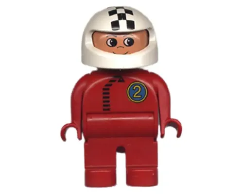 Duplo Figure, Male, Red Legs, Red Top with Black Zipper and Racer #2, White Helmet with Checkered Stripe Image