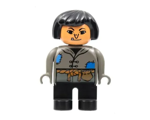 Duplo Figure, Female, Black Legs, Dark Gray Top with Blue Patches, Black Hair, Wart on Nose, Tooth Image