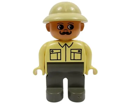 Duplo Figure, Male, Dark Gray Legs, Tan Top, Pith Helmet, Moustache Image