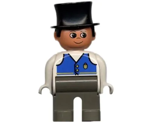 Duplo Figure, Male, Dark Gray Legs, White Top with Blue Vest with Pocket and Two Buttons, Black Top Hat Image