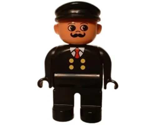 Duplo Figure, Male, Black Legs, Black Top with 4 Yellow Buttons and Red Tie, Black Hat, Curly Moustache (Train Engineer) Image