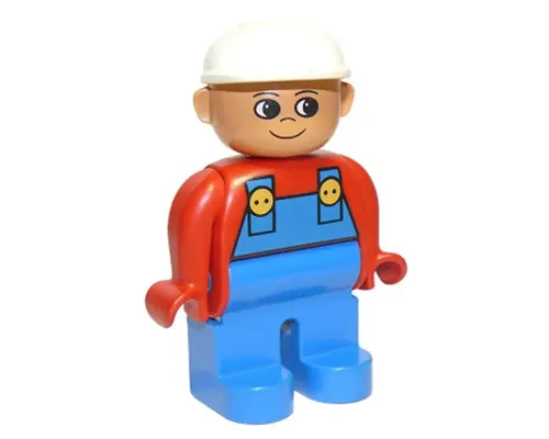 Duplo Figure, Male, Blue Legs, Red Top with Blue Overalls, Construction Hat White, Turned Up Nose Image