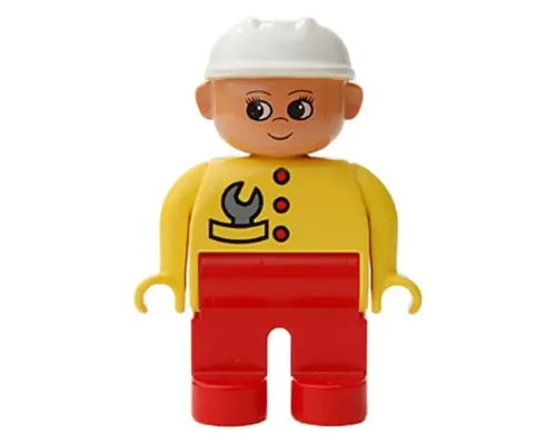 Duplo Figure, Female, Red Legs, Yellow Top with Red Buttons & Wrench in Pocket, Construction Hat White Image