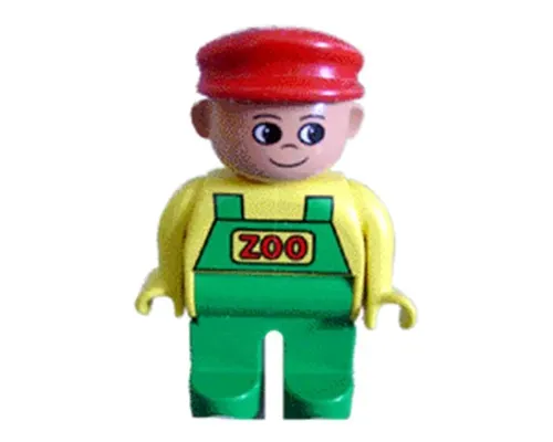 Duplo Figure, Male, Green Legs, Yellow Top with Green Overalls, Red Cap (Zoo Keeper) Image