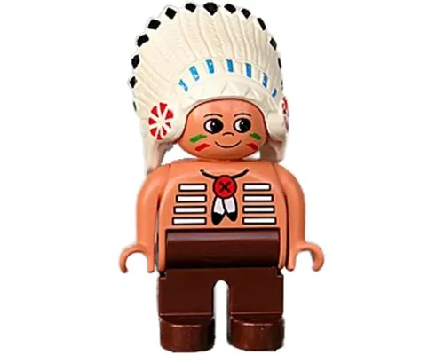 Duplo Figure, Male, Brown Legs, Nougat Top with White Stripes (Native American Chief) Image