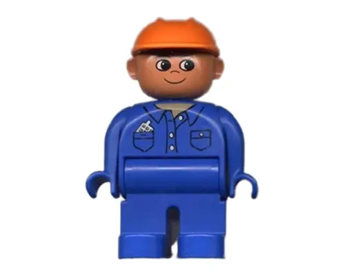 Duplo Figure, Male, Blue Legs, Blue Top with Cell Phone in Pocket, Construction Hat Orange Image