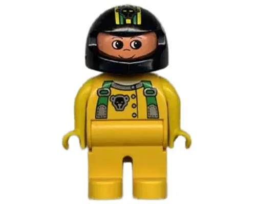 Duplo Figure, Male, Yellow Legs, Yellow Top with Green Racer Suspenders, Black Helmet with Stripes and Bear Pattern Image