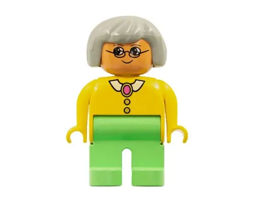 Duplo Figure, Female, Medium Green Legs, Yellow Blouse with Collar, Gray Hair, Glasses Image