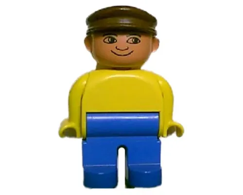 Duplo Figure, Male, Blue Legs, Yellow Top, Brown Cap, with White in Eyes Pattern Image