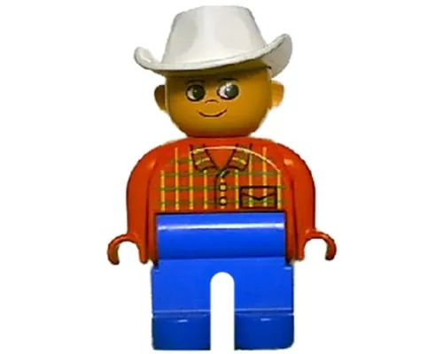 Duplo Figure, Male, Blue Legs, Red Top Plaid, White Cowboy Hat Image