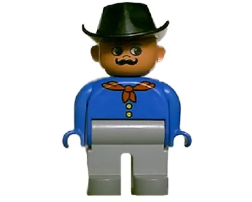 Duplo Figure, Male, Light Gray Legs, Blue Top with Red Bandana, Black Cowboy Hat Image