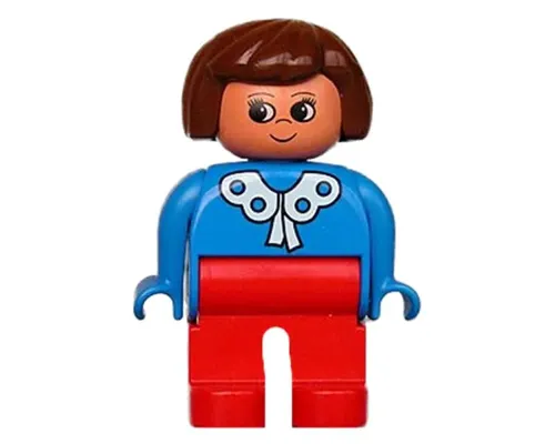 Duplo Figure, Female, Red Legs, Blue Blouse with White Lace Trim, Brown Hair Image