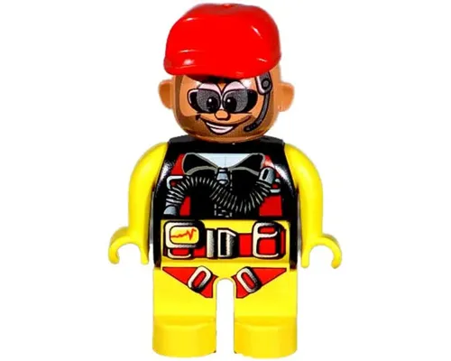 Duplo Figure, Male Action Wheeler, Yellow Legs, Yellow Top with Yellow/Black/Red Parachute, Red Cap, Beard, Sunglasses and Headphone Image