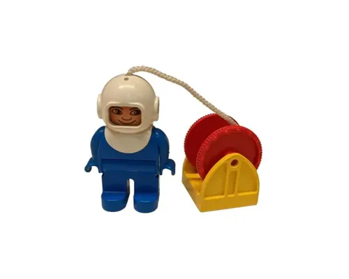 Duplo Figure, Diver, Male, Blue Legs, Blue Top, White Helmet, String and Red Reel, Yellow Drum Reel Holder Image