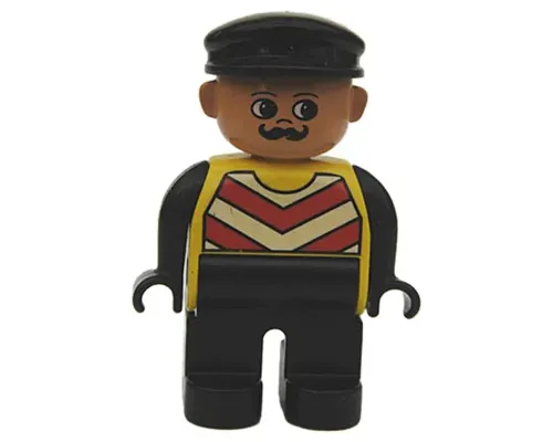 Duplo Figure, Male, Black Legs, Yellow Chevron Vest, Black Arms, Black Cap Image