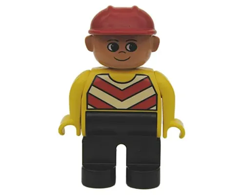 Duplo Figure, Male, Black Legs, Chevron Vest, Yellow Arms, Construction Hat Red Image