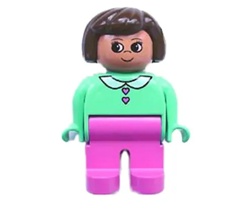 Duplo Figure, Female, Dark Pink Legs, Medium Green Blouse with Heart Buttons, Brown Hair Image