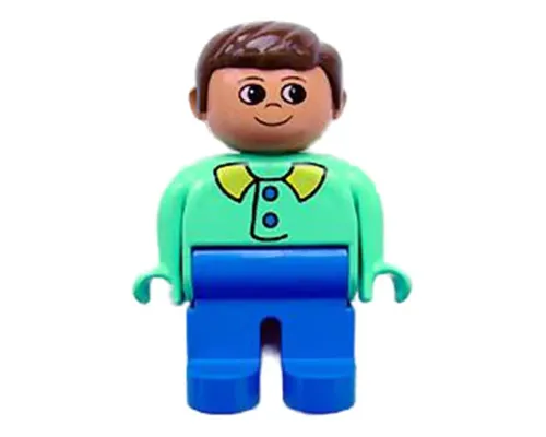 Duplo Figure, Male, Blue Legs, Medium Green Top with Blue Buttons, Brown Hair Image