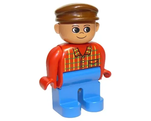 Duplo Figure, Male, Blue Legs, Red Top Plaid, Brown Cap Image