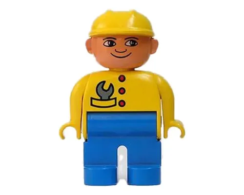 Duplo Figure, Male, Blue Legs, Yellow Top with Wrench in Pocket, Construction Hat Yellow Image