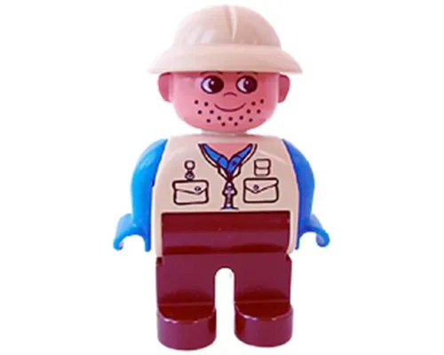 Duplo Figure, Male, Brown Legs, Tan Top, Blue Arms, Tan Pith Helmet, Facial Stubble Image