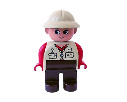 Duplo Figure, Female, Brown Legs, Red Arms, Tan Pith Helmet, Eyelashes Image