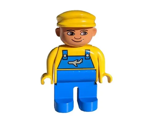 Duplo Figure, Male, Blue Legs, Yellow Top with Blue Overalls with Airplane, Yellow Cap Image