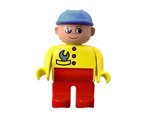 Duplo Figure, Male, Red Legs, Yellow Top with Wrench in Pocket, Construction Hat Blue Image